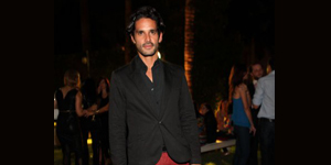 Fredrick Valentin in RRL pants at Derek Balsberg book party Miami Beach